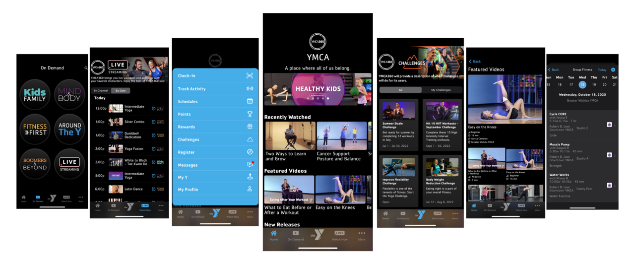 Seven mobile phones with different views of the new YMCA360 app