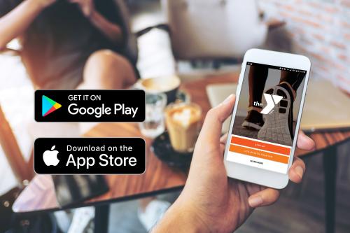 Image shows a hand holding up a phone while using the Y app. There are also graphics on the image showing you can download the app on Google Play and the App Store.