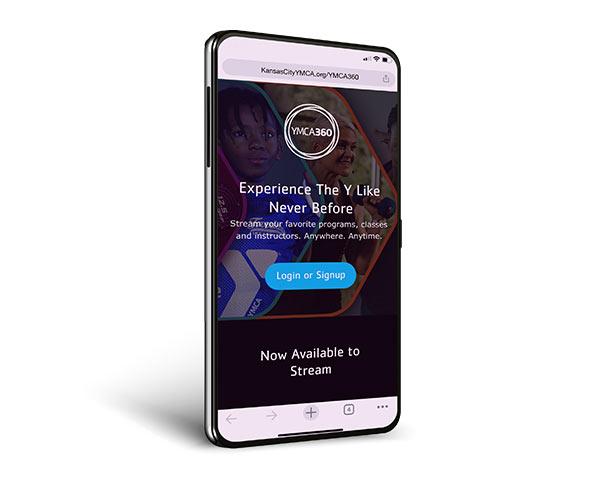 Smartphone showing the YMCA360 streaming app screen with a login or signup button