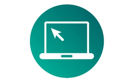 Teal circular icon of a laptop computer with a cursor arrow on screen