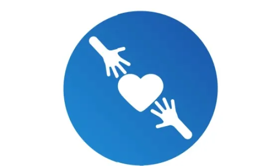Blue circular icon of two reaching hands cradling a white heart