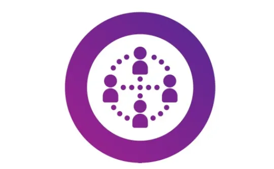Purple circular icon of connected people arranged in a network around a center point