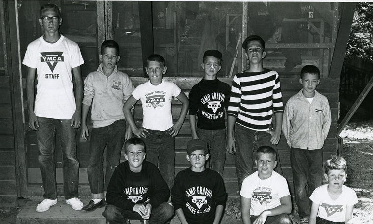 Group photo of campers and staff member at Camp Gravois in 1961