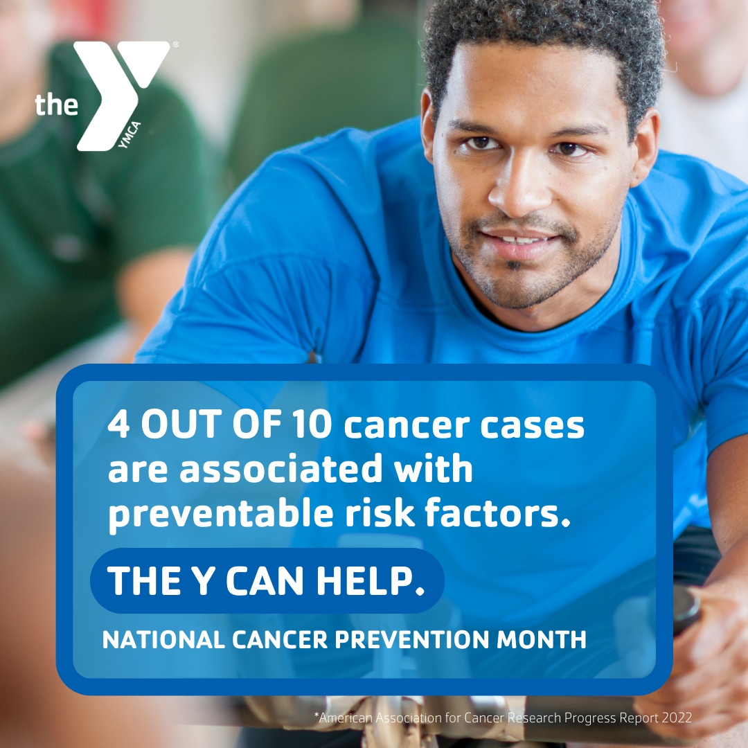 Kansas City YMCA graphic featuring a YMCA member working out on an exercise bike with a text overlay saying "4 out of 10 cancer cases are associated with preventable risk factors".