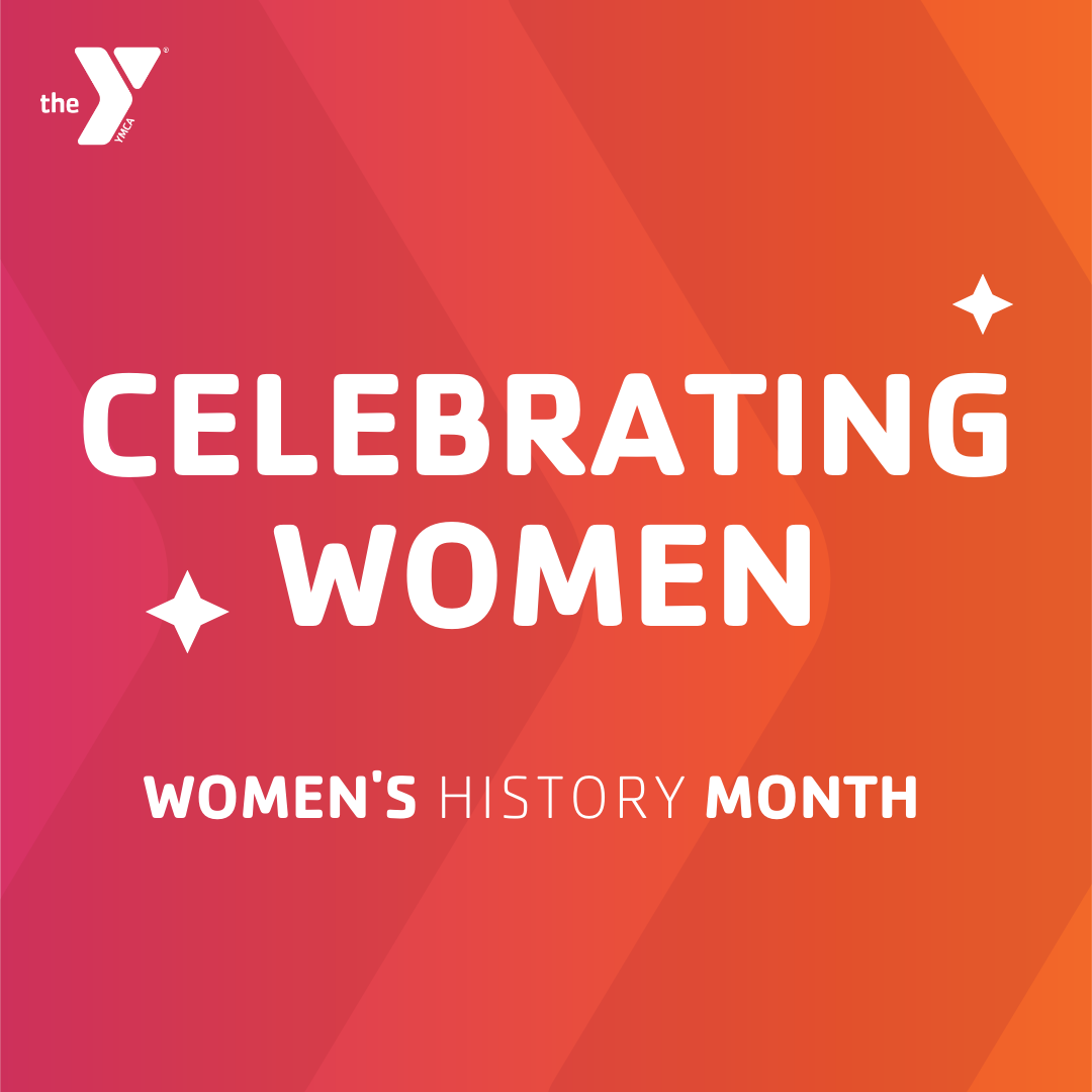 Kansas City YMCA graphic featuring the words "Celebrating Women" and "Women's History Month" on a salmon background.