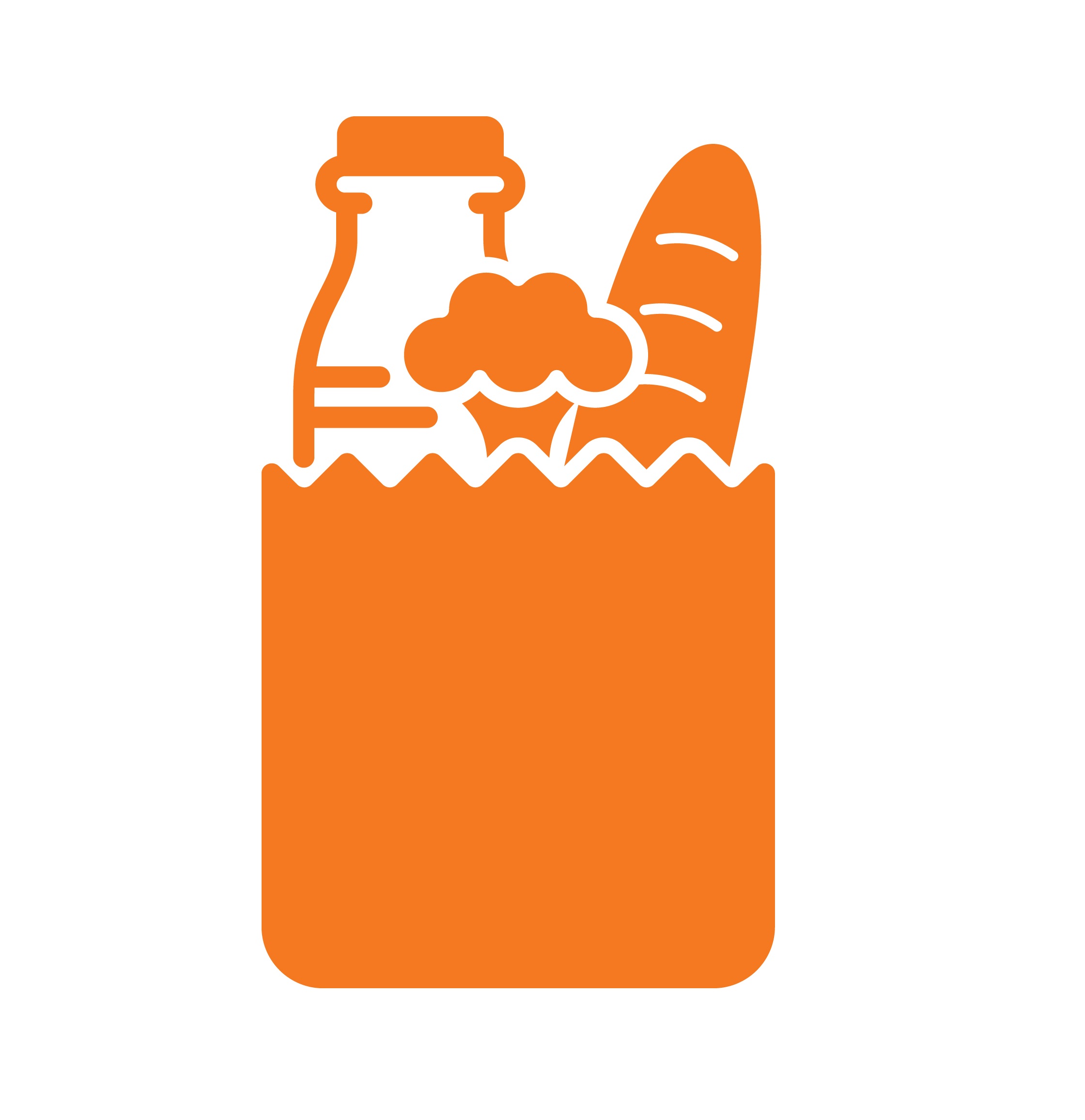 Graphic of a grocery bag with a loaf of bread, broccoli head, and jug peaking out of the top of the grocery bag.