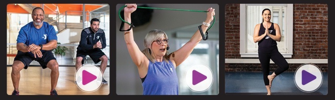 3 image collage from the YMCA360 app. Left image is of 2 men squatting. Middle image is of a woman using a resistance band overhead. Right image is of a woman in a yoga tree pose.