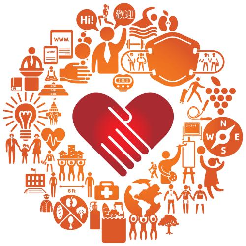 Health and Safety Graphic with a center element of people holding hands shaped like a heart. Various other graphic elements surround the heart that are related to health, safety, and community.