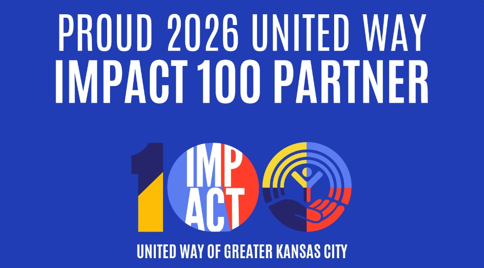 Proud 2026 United Way Impact 100 Partner. Impact 100 graphic. United Way of Greater Kansas City.