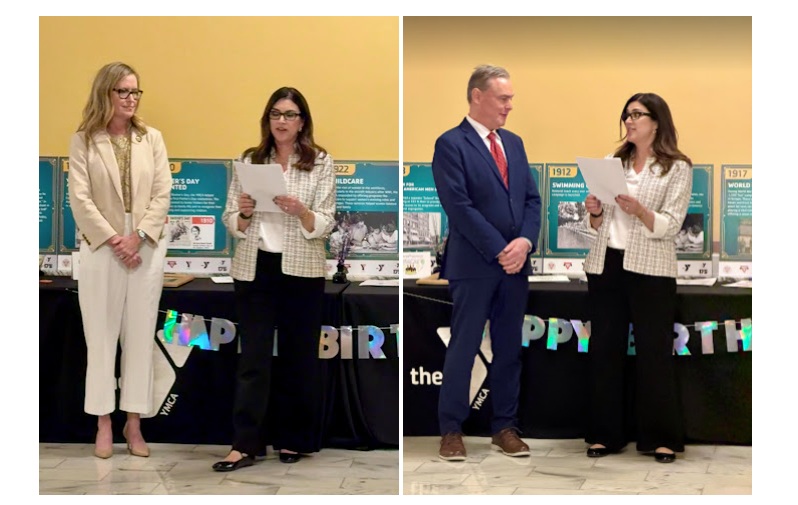 Photo collage - Jennifer Bruning, director of Kansas State Alliance of YMCAs, presents awards to Dinah Sykes and Sean Tarwater