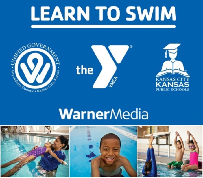 Greater Kansas City YMCA graphic for learn to swim. Features 3 logos: Unified Government of Wyandotte County logo, the Y logo, Kansas City Kansas Public Schools logo, and WarnerMedia logo. Also includes 3 images of children learning to swim. Left image is a child learning to float with an YMCA instructor. Middle image is a child resting on the edge of the pool smiling. Right image is of children learning diving techniques from YMCA instructor as they sit on the side of the pool.