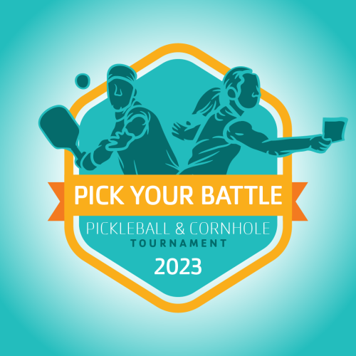 Two illustrated people are side by side, one is playing pickleball and one is playing cornhole. Text says "Pick Your Battle Pickleball and Cornhole Tournament 2023.