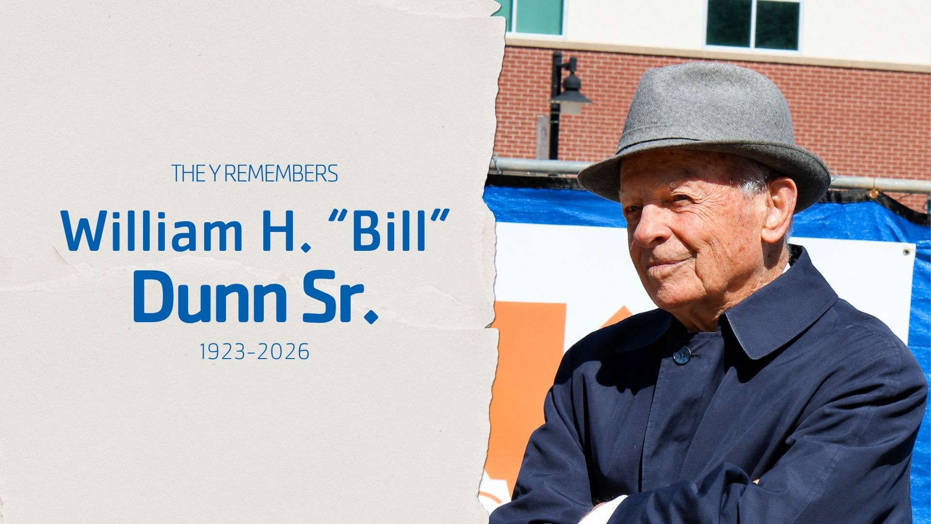 Photo of William H. "Bill" Dunn Sr. at a groundbreaking event for the expansion at the Platte County Community Center South operated by the Y. Headline: The Y Remembers William H. "Bill" Dunn Sr. 1923-2026