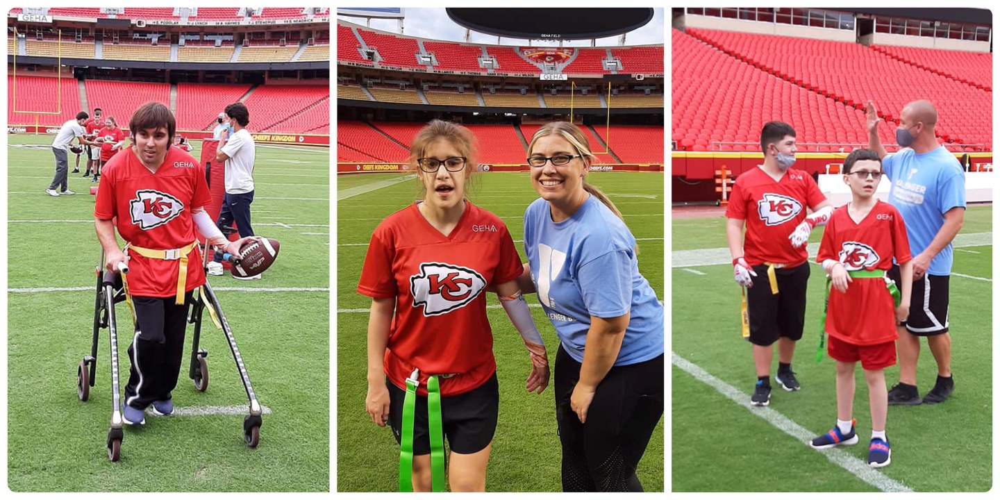 Left Photo: Challenger Athlete with football; Center Photo: Challenger Athlete and Y Volunteer; Right Photo: Two Challenger Athletes with Y Volunteer. All photos were taken in the GEHA Field Arrowhead stadium.
