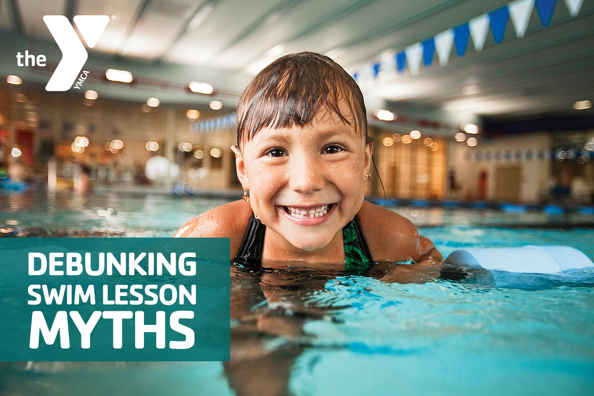 Y Graphic of a kid swimming with the help of a floatie with the text "Debunking Swim Lesson Myths".
