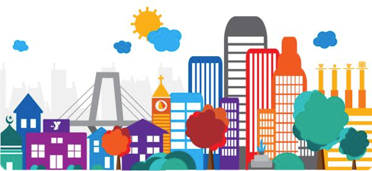 Colorful illustrated Kansas City skyline with buildings, bridge, trees, and a YMCA icon