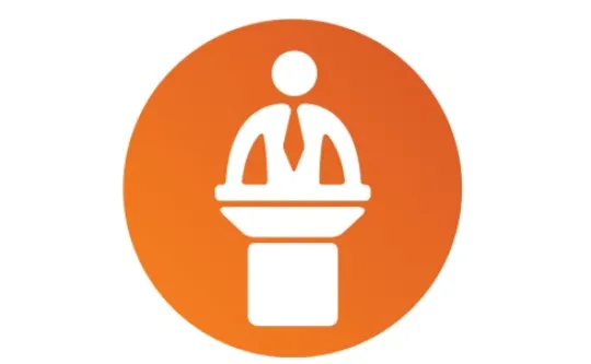 Orange circular icon of a person standing at a podium giving a presentation