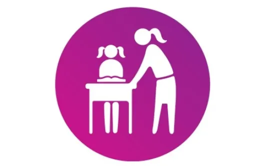 Purple circular icon of an adult helping a child seated at a school desk