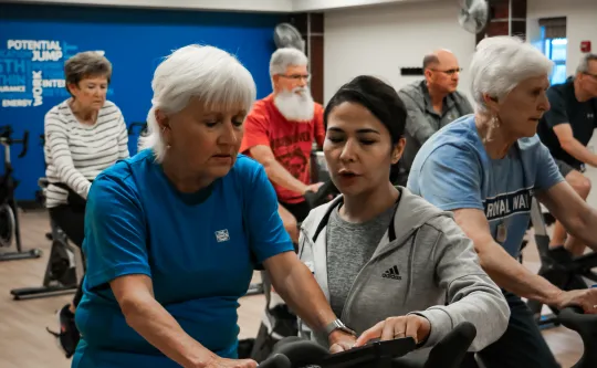 Instructor guiding older adults through an indoor cycling class on stationary bikes